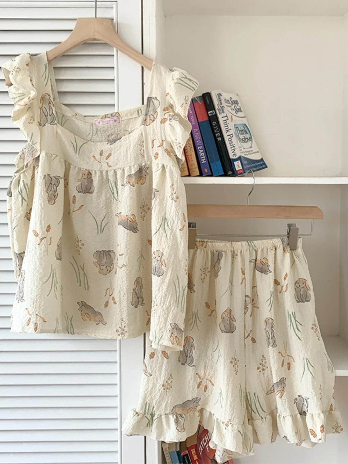 

Rabbit Print Cotton Gauze Women's Sleepwear Short Sleeve Strap Nightgown Home Clothes Summer Size plus Shorts Two-Piece Set