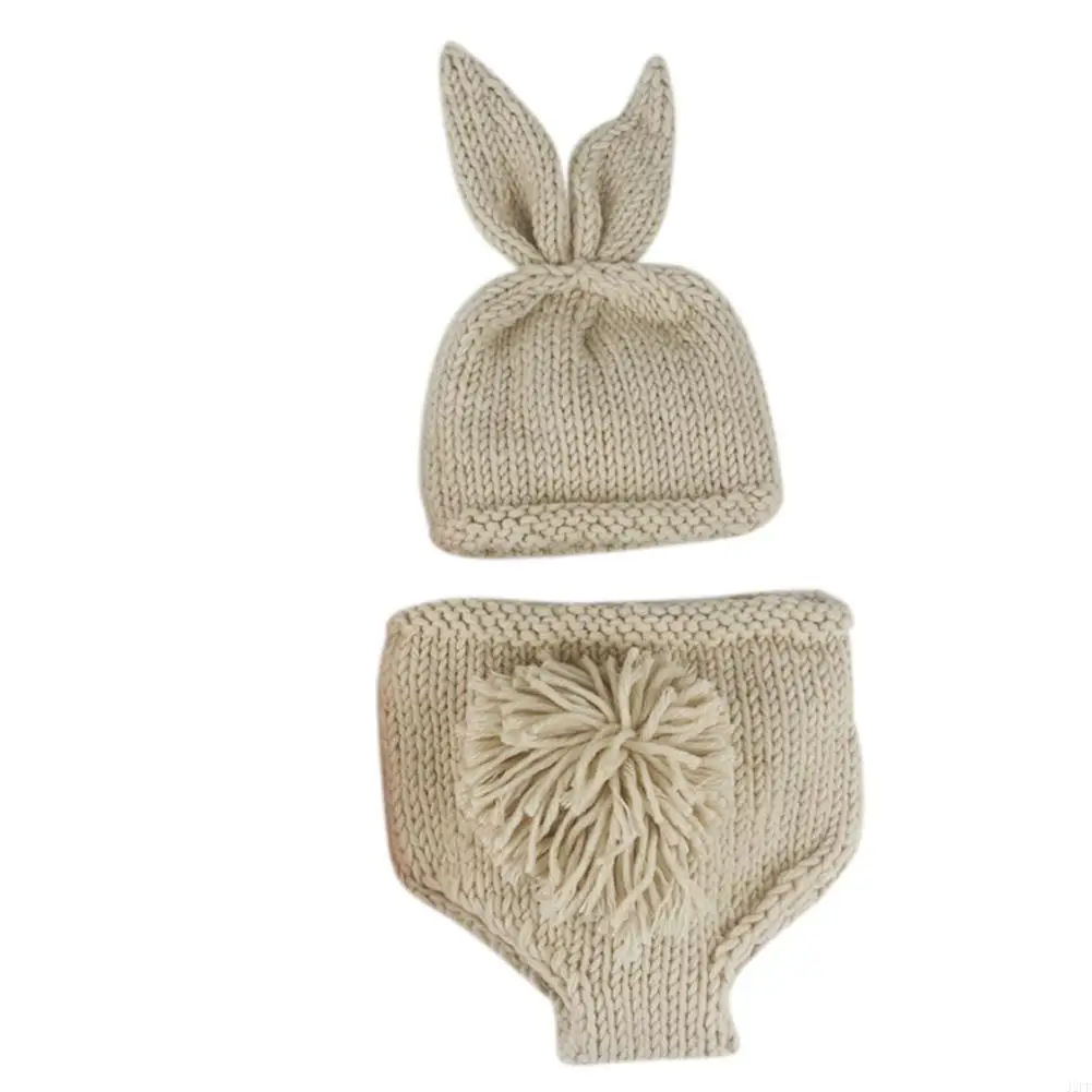J2FF Knitting Wool Hat Bunny Ear Short Pants Suit Newborn Photography Outfits Clothes