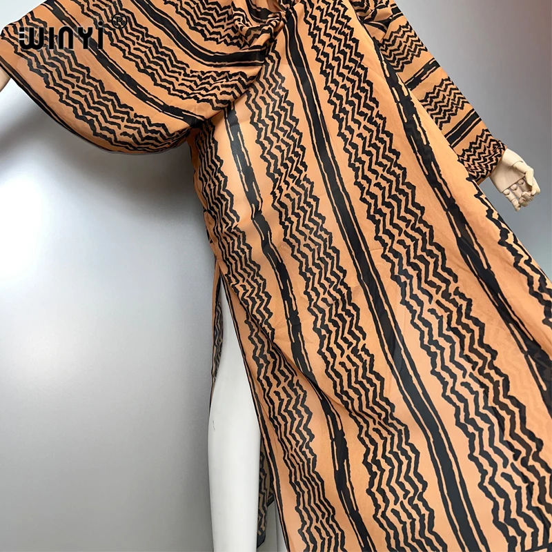 WINYI neues V-Ausschnitt Perspektive sexy Kleid Arabisch traditioneller Druck Frauen Urlaub Strand vertuschen Party Kaftan Abaya Dubai Luxus