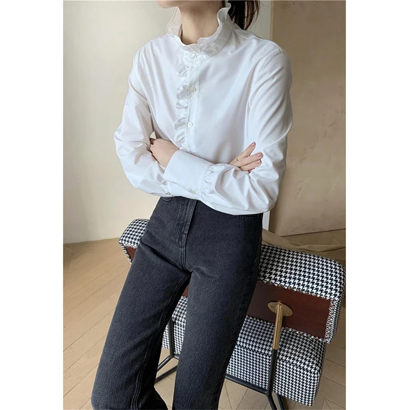 MEXZT Elegant White Shirts Women Vintage Ruffles Long Sleeve Blouses Office Lady Korean Single Breasted Casual All Match Tops