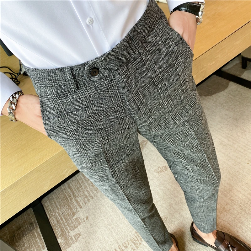 2023 Chic Coffee Blue Grey Pants Men Elegant Slim Fit Plaid Suit Trousers Pants For Men Office Party Trousers Mens Dress Pants