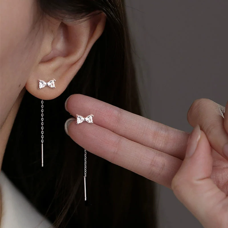 Zircon Bow Earrings with Korean Fashion Temperament Heart Long Ear Chain High-end Feel 925 Silver Tassel Ear Line For Girl