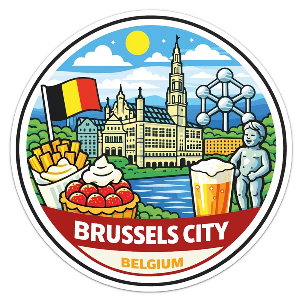 Cartoon Style Belgium Brussels City Vinyl Car Sticker Decorative Decal for Car Window and Travel Bag Exterior Decoration
