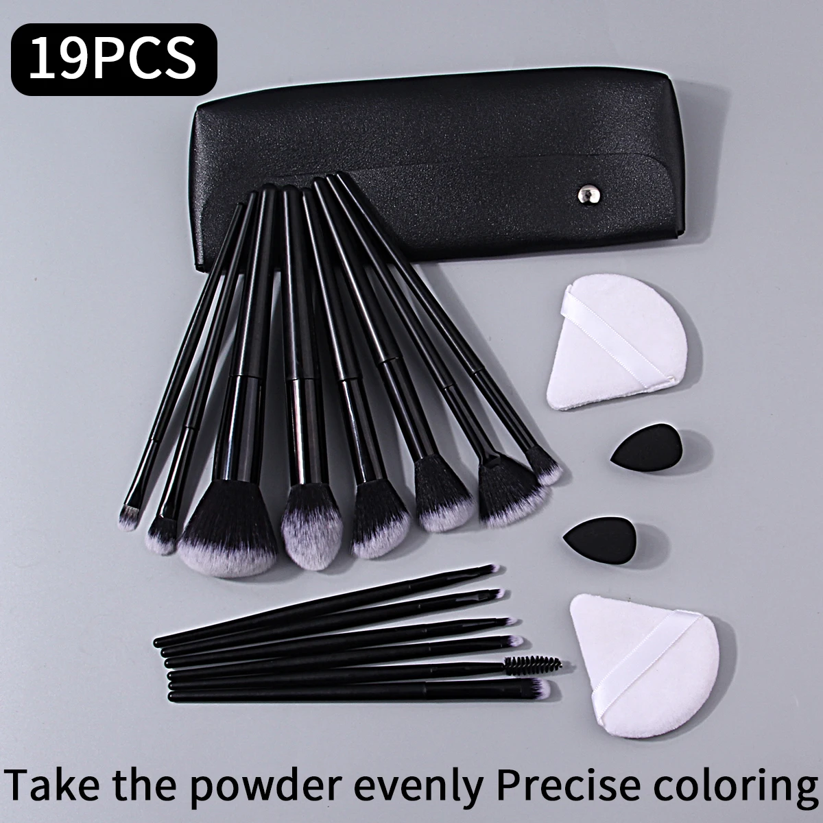 19PCS multi-purpose makeup brush set + soft mini sponge egg/triangular powder puff + travel portable storage bag