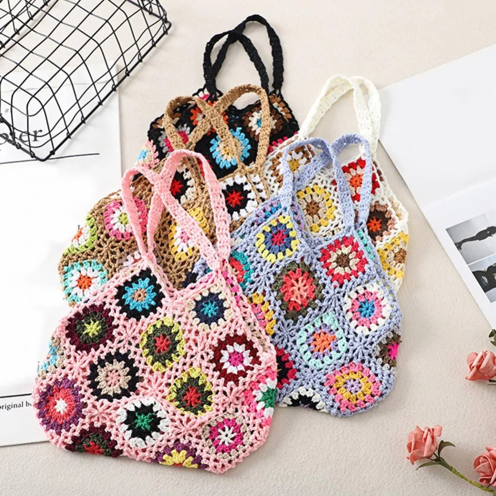 

Multicolor Floral Crochet Large Capacity Knitted Bag Tote Bag Cut-out Boho Bag Hollow Out Handbag