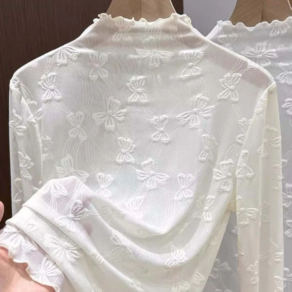 بلوزة مجوفة من الدانتيل بفيونكة وبلوزات من الدانتيل شفافة من خلال القمصان الشفافة بنصف ياقة عالية قميص داخلي أساسي للنساء