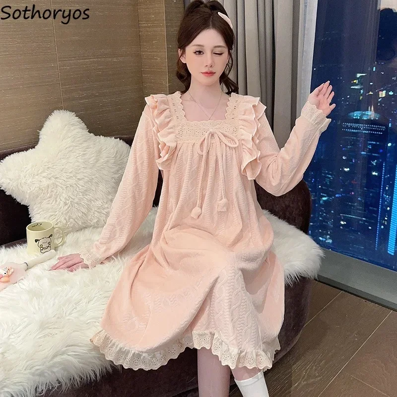 

Ночные рубашки женские однотонные с оборками дизайн милая ночная рубашка Ins уютная свободная посадка корейская мода осень-зима одежда для сна домашняя одежда