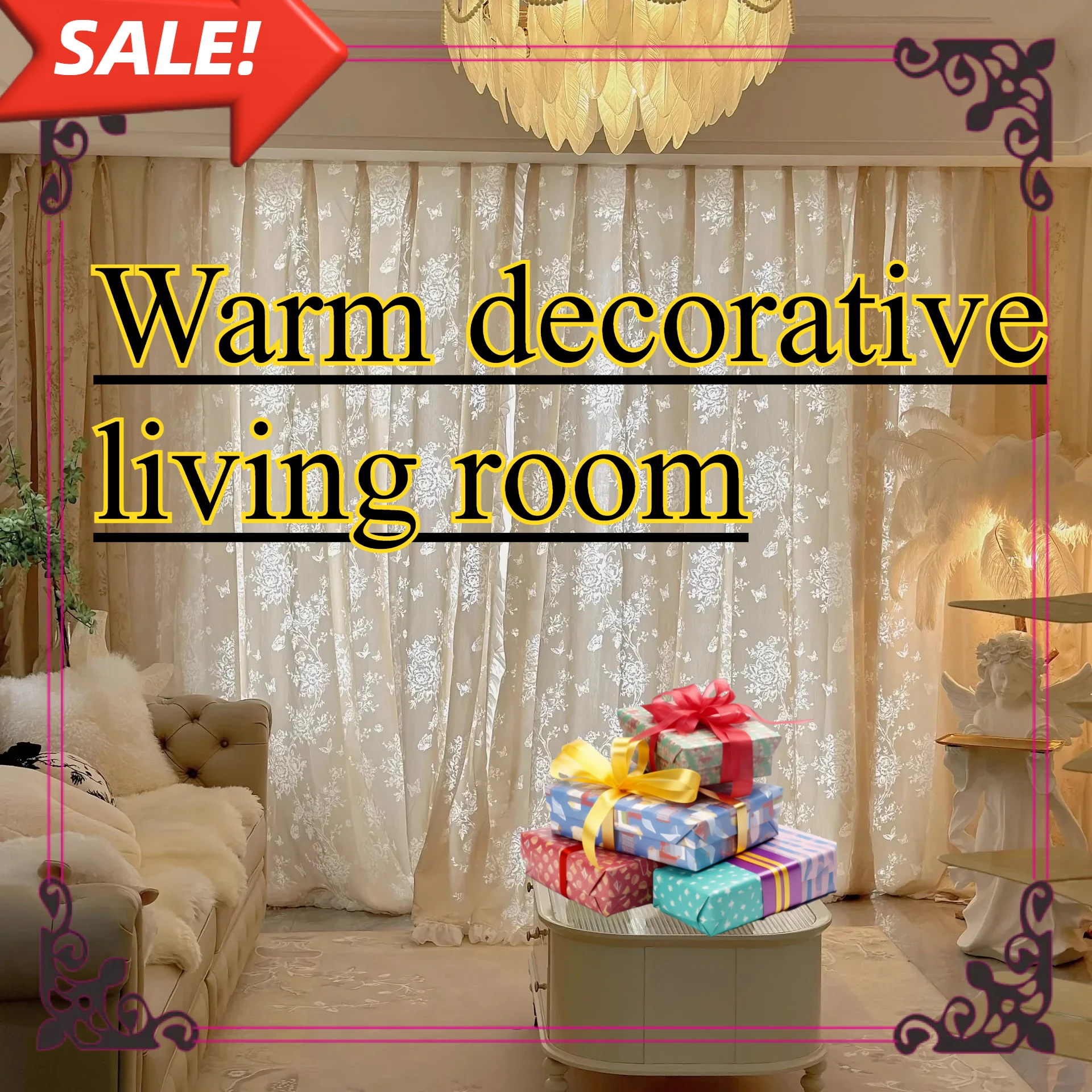 

Hollow Gauze Light and Shadow Effect Carving Process French Cream Style American Style Living Room Bedroom Balcony Window Screen