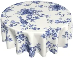 Floral Blue and White Spring Tablecloth Summer Birds 60'' Round Tablecloth with Wrinkle Resistant for Party Tabletop Dining Room