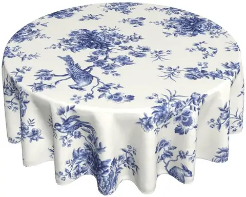 Nappe Ronde Florale Bleu et Blanc, Motif Oiseaux d'Été, 60 Degrés Déformables, pour ix, Salle à Manger Britannique