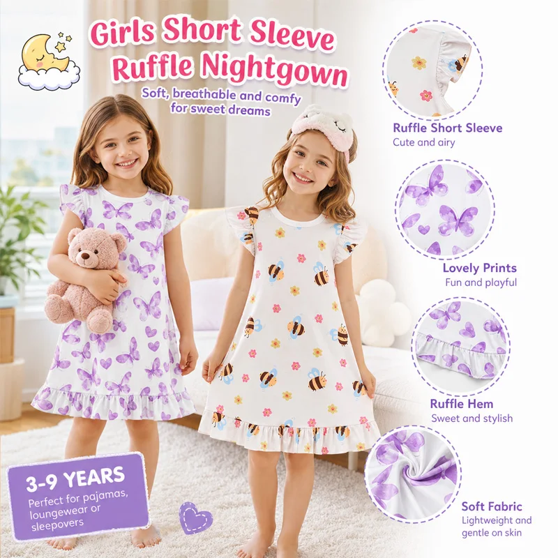 Little Hand Girls Short Sleeve Nightgown Ruffle Bee Butterfly Print Kids Sleep Dress Home Loungewear for 3-10 Years Old