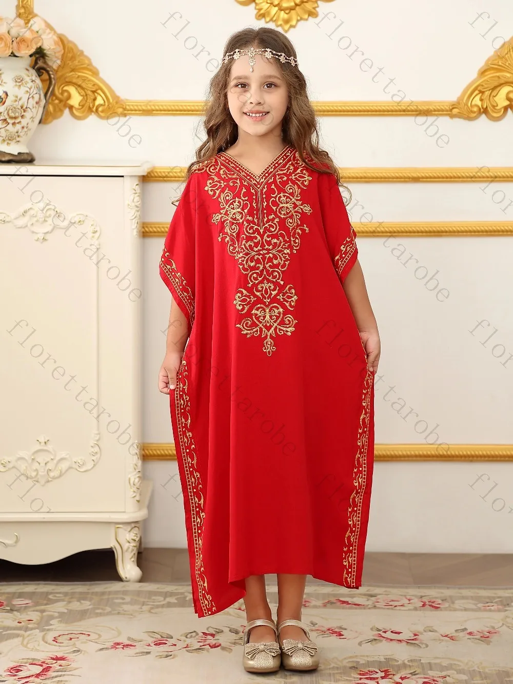 Customized Red Kids Abaya Kaftan V Neck Gold Embroidery Batwing Sleeve Loose Midi Dress Muslim Girls Eid Ramadan Party Wedding