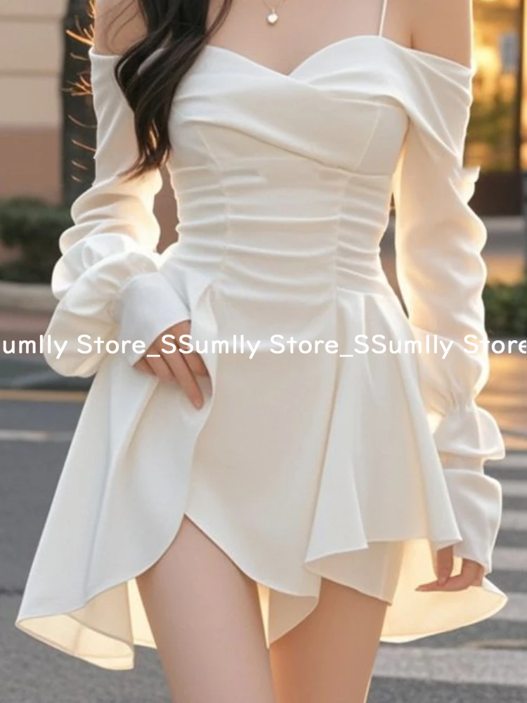 2025 New White Off Shoulder Strap Dress Women Spring Elegant Slim Fit A-line Short Dresses French Sexy Pleated Female Clothes - Image 4
