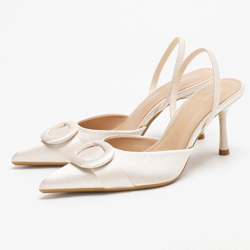 Elegante Satin High Heels Frauen Sexy Spitz Runde Schnalle Design Bankett Pumpen Damen Luxus Party Backless Designer Sandalen