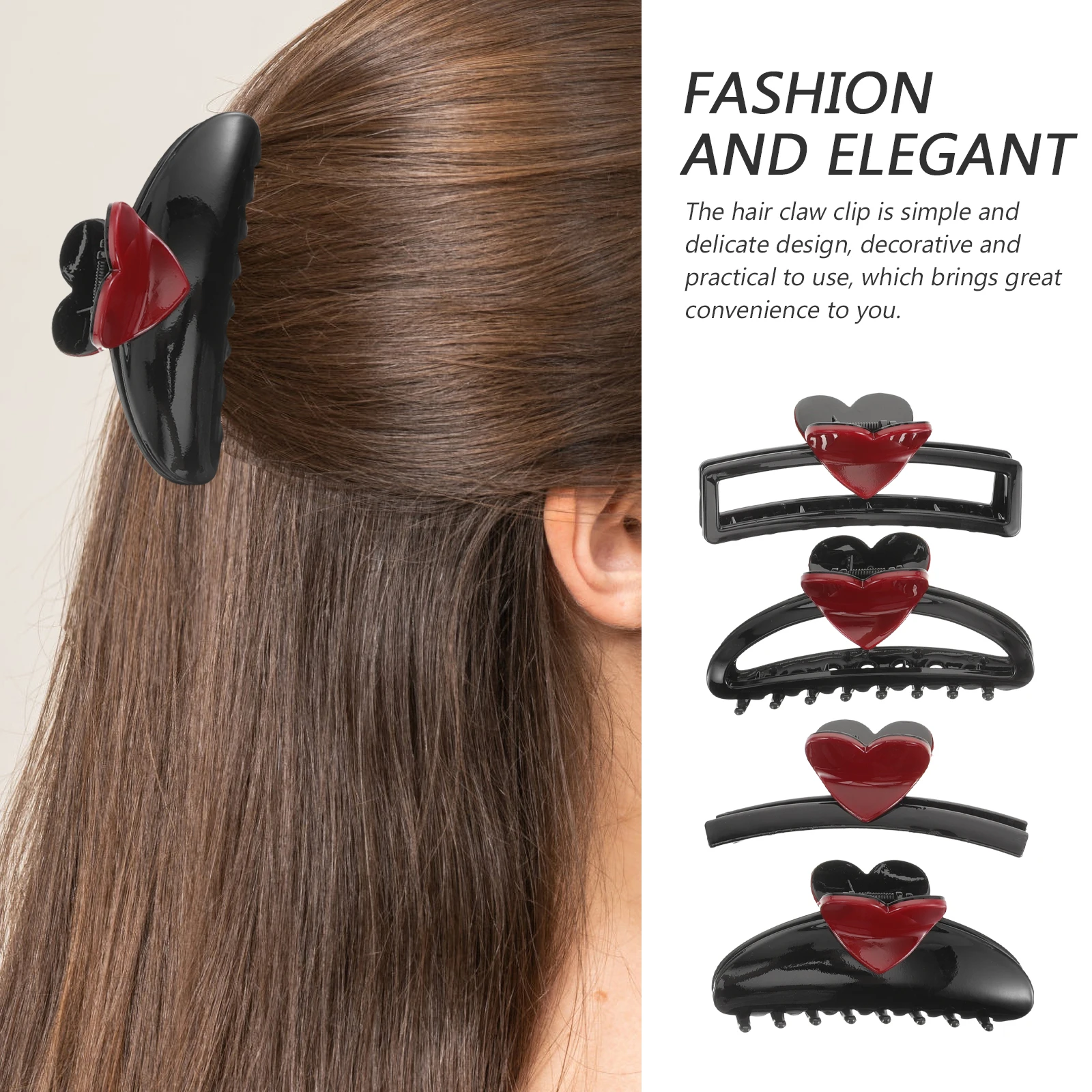 

4 pcs Heart Shaped Hair Claw Clips Black Red Love Design Women Accessories Unique Styling Tool for Thin Thick Hair
