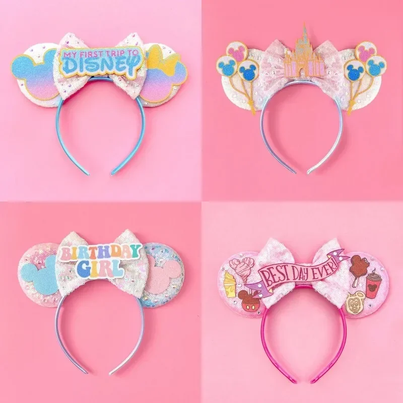 Classics Mickey Mouse Headbands Girl Carnival Smile Minnin Hairband Baby Bow White Sequins Headwear Kid Gifts Disney Hair Band