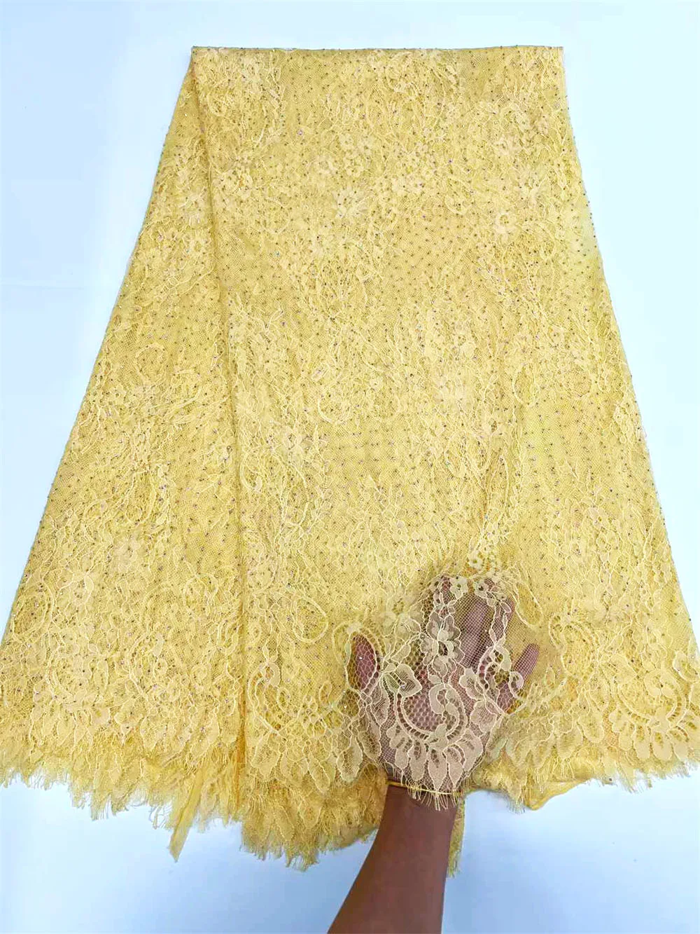 

3Meters Delicate Lace Fabric With Eyelash Lace Edge Trim & Micro Rhinestones for African Traditional Festival Dresses OR46364