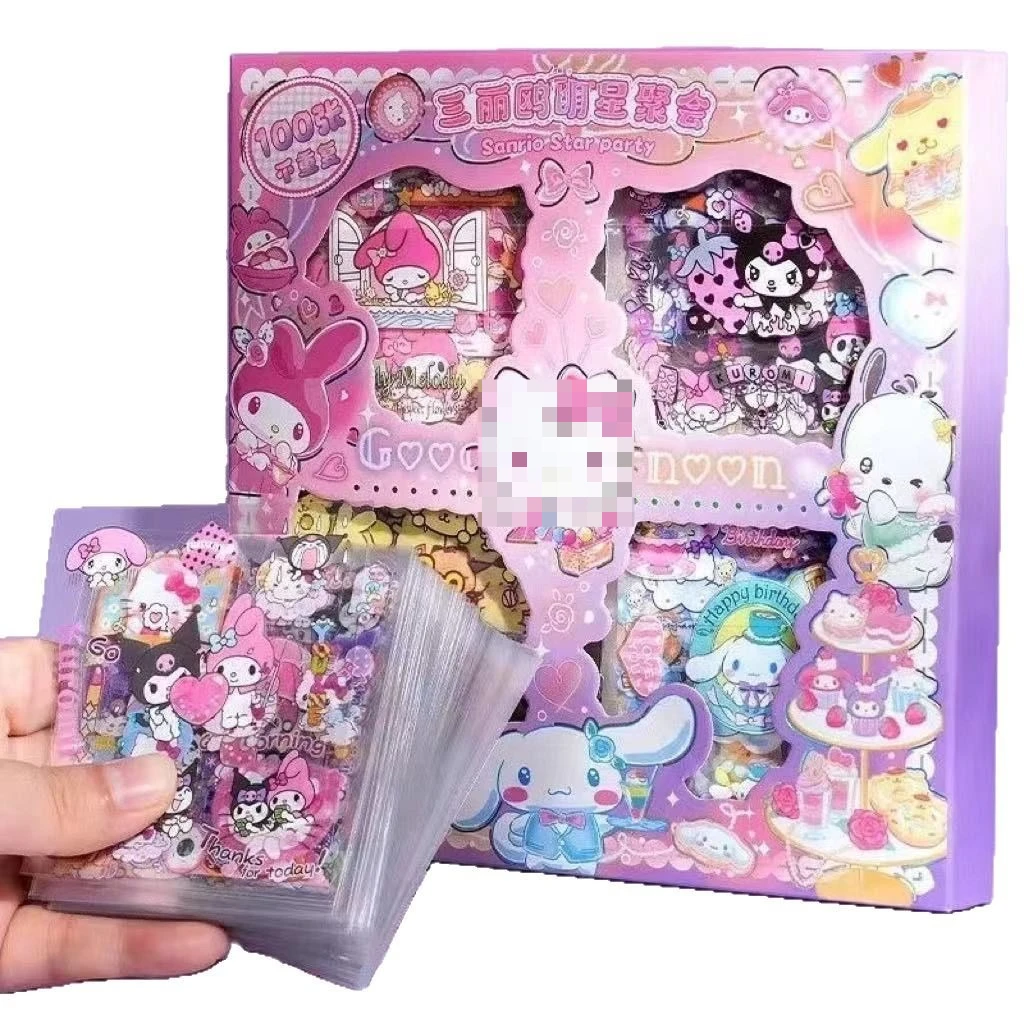

Kuromi Melody Cinnamoroll 100 Stickers Hand Account Box Decorative Cute Children Cartoon Waterproof Pet Stickers Boy Girl Gift