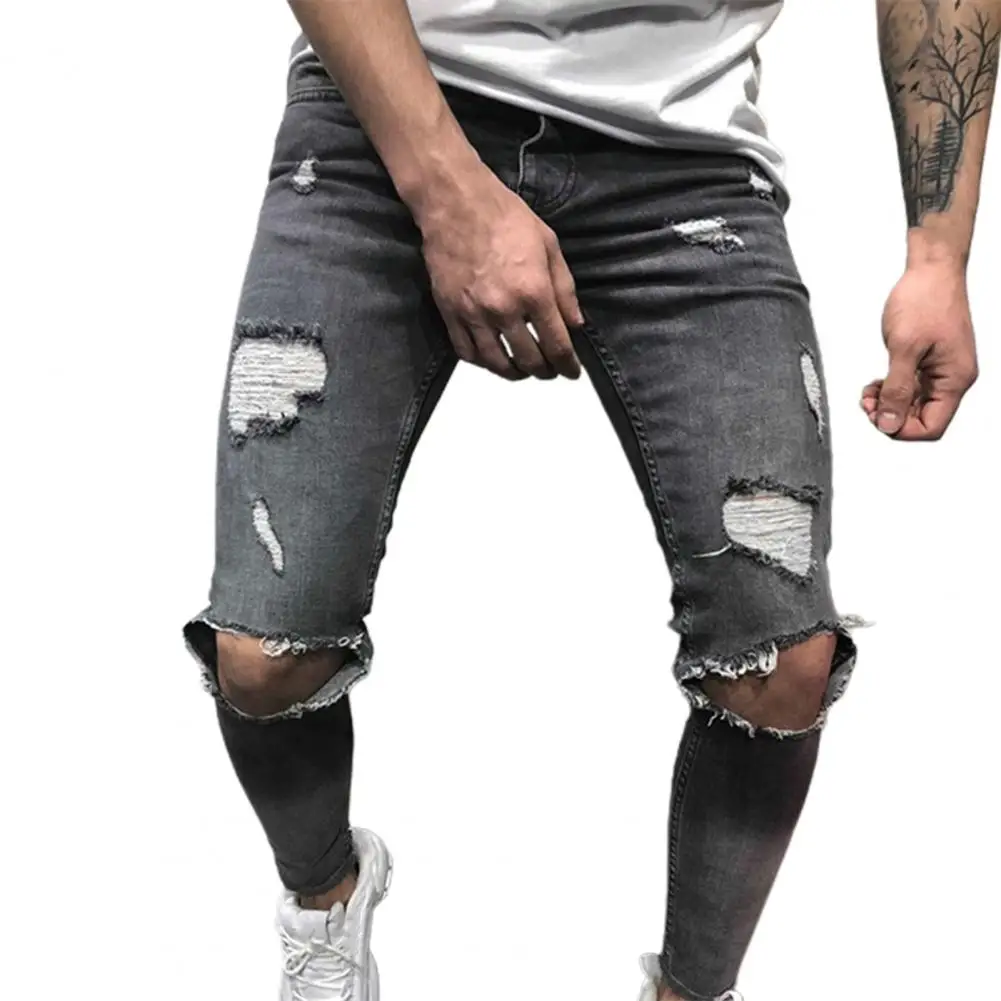 

Light blue Skinny Jeans men Streetwear Ripped Jeans Homme Hip Hop Broken modis male Pencil Biker Hollow Out Jean Pants