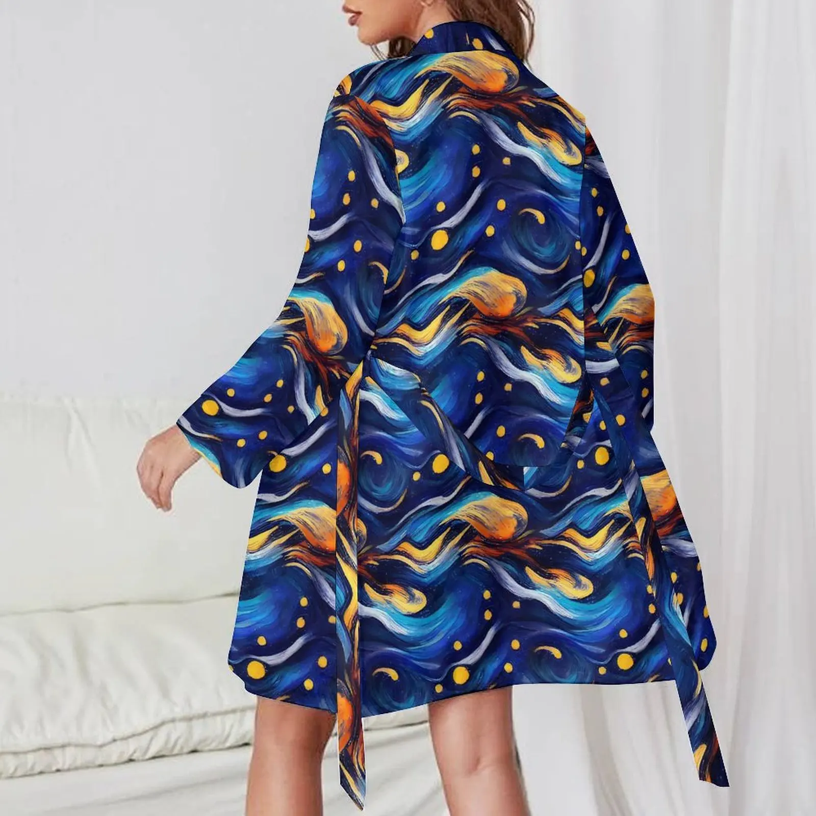 Blue Starry Night Pajama Robe V Neck Abstract Painted Soft Dress Women Long Sleeve Aesthetic Sleepwear Custom Pajamas Robes