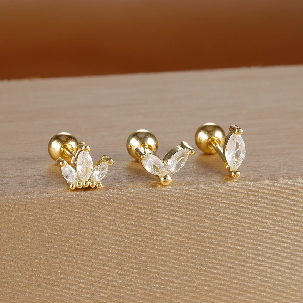 316 Stainless Steel Cartilage Piercing Earrings Set For Women Mini Zircon Crown Helix Tragus Stud Earring Fashion Jewelry 3pcs