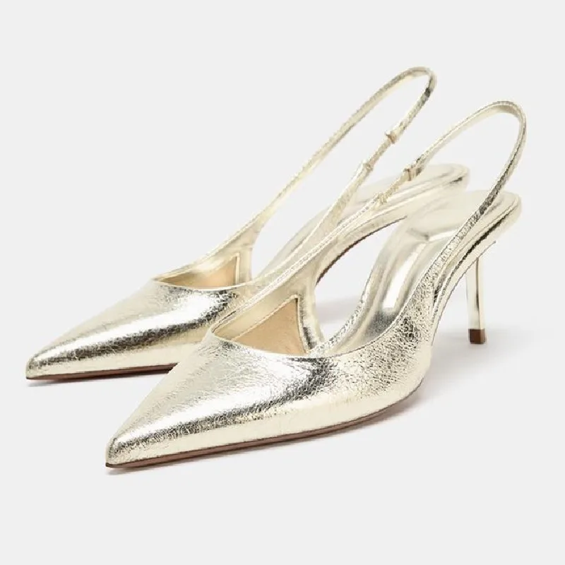 

Sexy Pointed Toe Gold Designer Pumps Women Luxury Metalized Pattern High Heeled Sandal for Ladies Elegant Back Strap Dress Heels