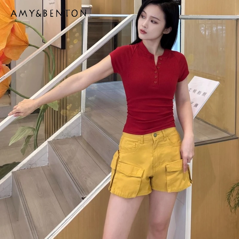 

2025 Spring Summer New Original Design Casual Versatile Pocket Women's Shorts American Retro Loose Thin Women's Overalls Ladies