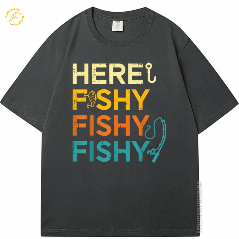 

Fishin Here Fishy Ретро Fish Lover Рыбак Мужчины Женщины Футболка большого размера Мужские футболки Футболка XL Одежда для взрослых с коротким рукавом