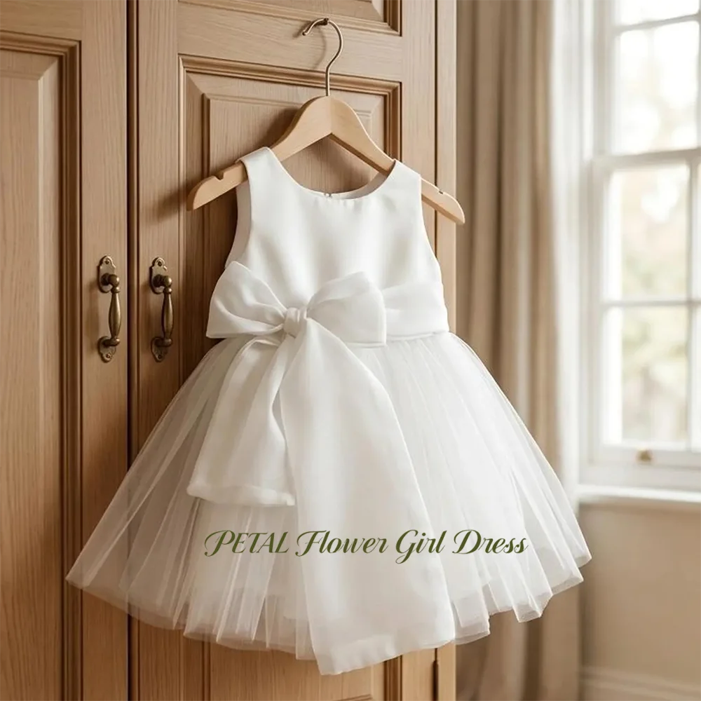 

Petal A Line Simple Flower Girl Dress with Bow Knee Length Satin Tulle First Communion Dress for Kids Customized