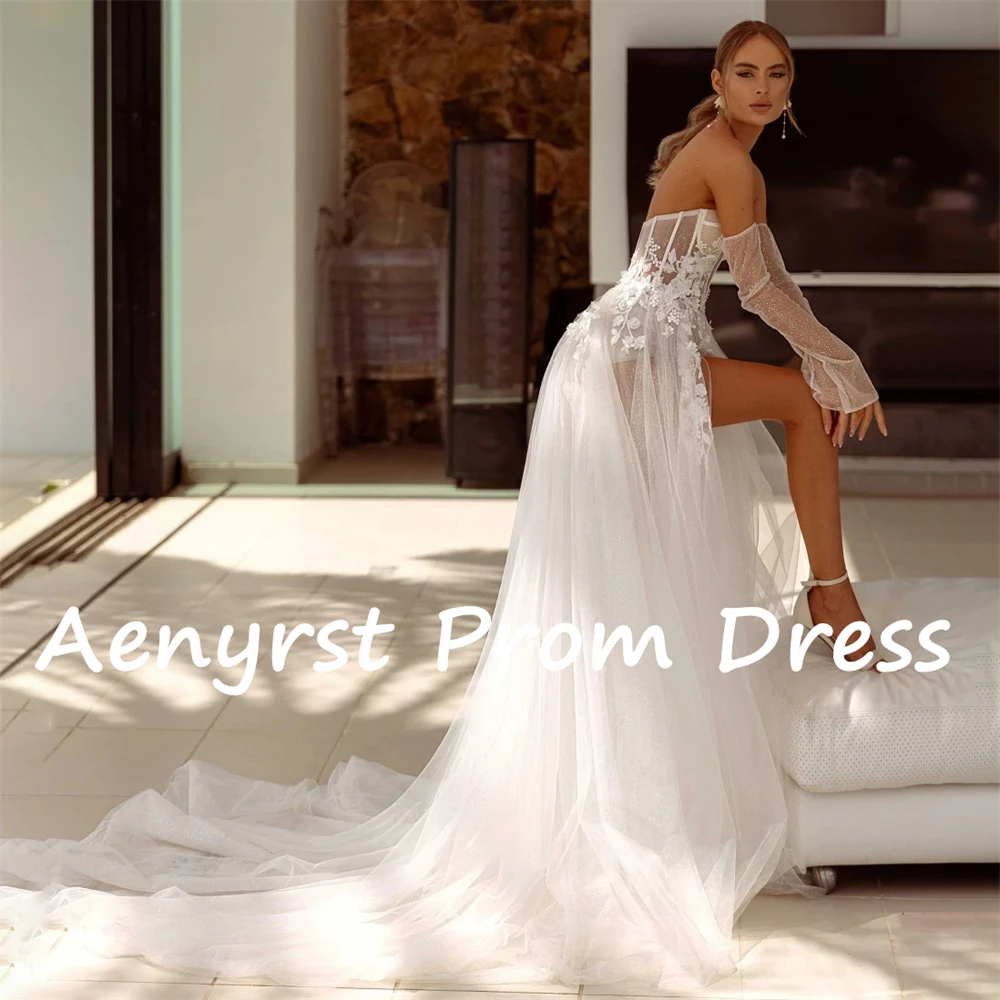 Aenyrst-vestidos De novia elegantes con apliques, traje bohemio De tul con corte en A y abertura lateral, Vestido largo De novia