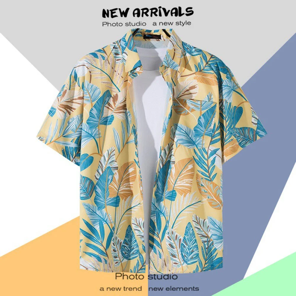 Kemeja Hawaii pria, kerah kancing cetak lengan pendek baju bunga Retro Hong Kong liburan musim panas kemeja pantai