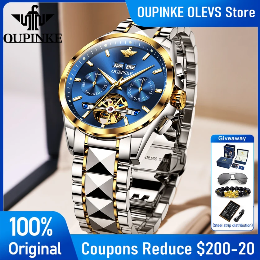 

OUPINKE Mens Watch 3290 Luxury Perpetual Calendar Automatic Mechanical Watch Waterproof Luminous Tungsten Steel Watches For Man