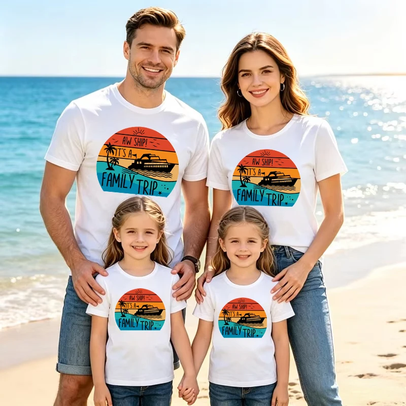 Family Matching T Shirts Vintage Cruise Print Family Trip Tees Mom Dad Kids Cotton Summer Beach Vacation Matching Outfits