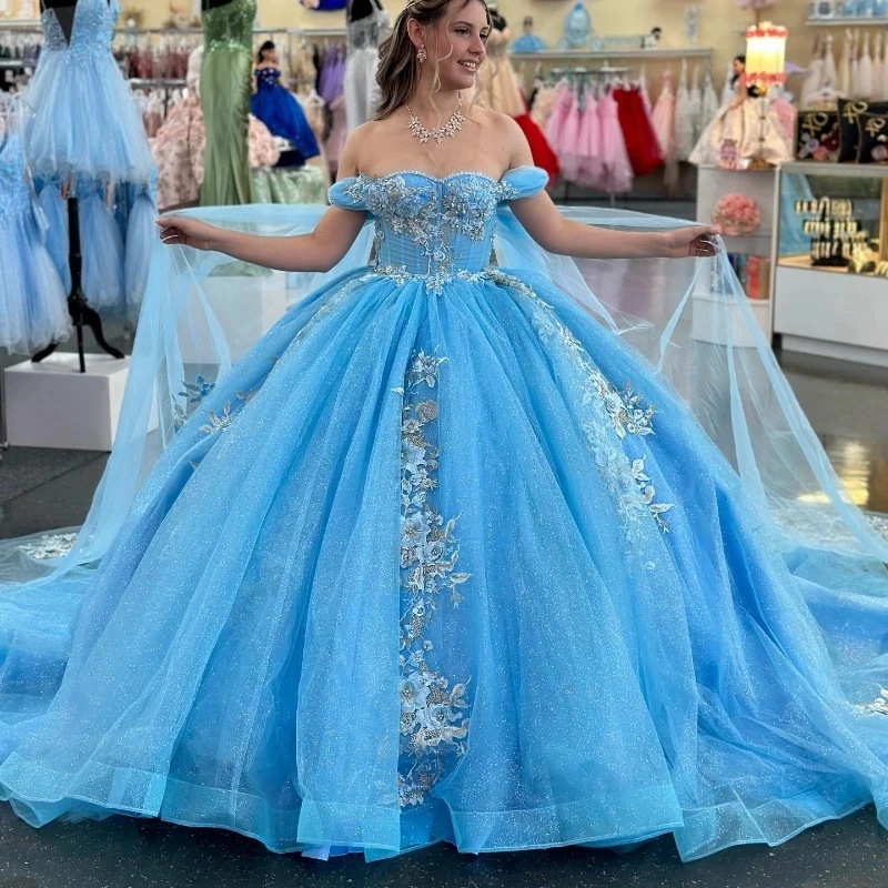 

Sky Blue Shiny Sweetheart Quinceanera Dress 2024 Ball Gown With Cape Appliques Lace Beading Princess Party Gown Vestidos 15 De