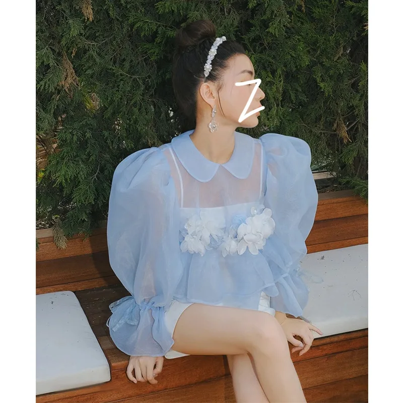 2023 Summer New Organza 3D Flower Blouse for Women Puff Sleeve Ruffled Shirt Perspective Fashion Elegant Top Camisas Mujer Y3962