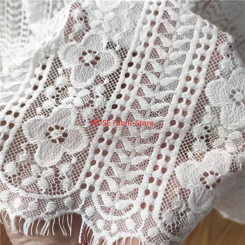 3 meters Long White Lace Fabric with Hollow Out Eyelash Trim and Clover Floral Pattern for Dress Skirt Wedding Party Gown