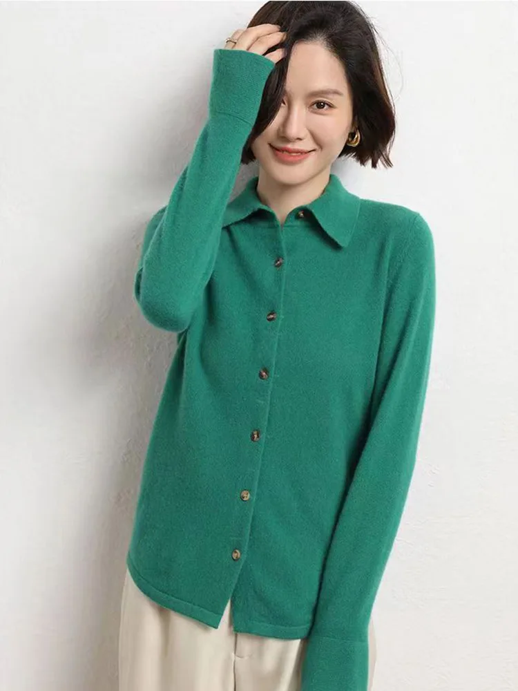 

Women's Wool Sweater Cardigan Spring New Single-Line Ready-To-Wear Knitted Shirt Korean Fashion polo-collar Long sleeve Sweater