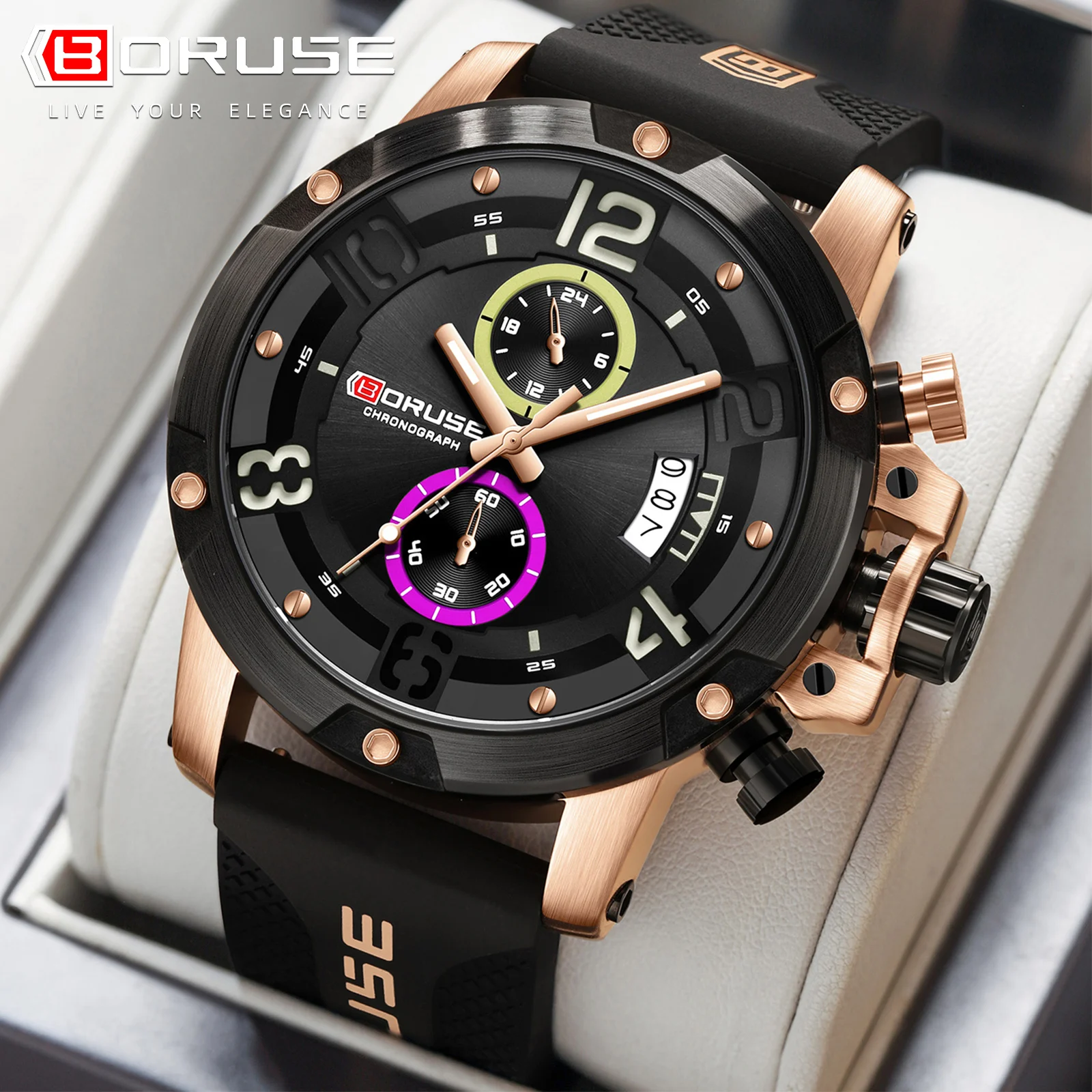 BORUSE Watches for Men Luxury Business Automatic TimeWaterproof Luminous Clock Mens Military Campaigns Quartz Wristwatches