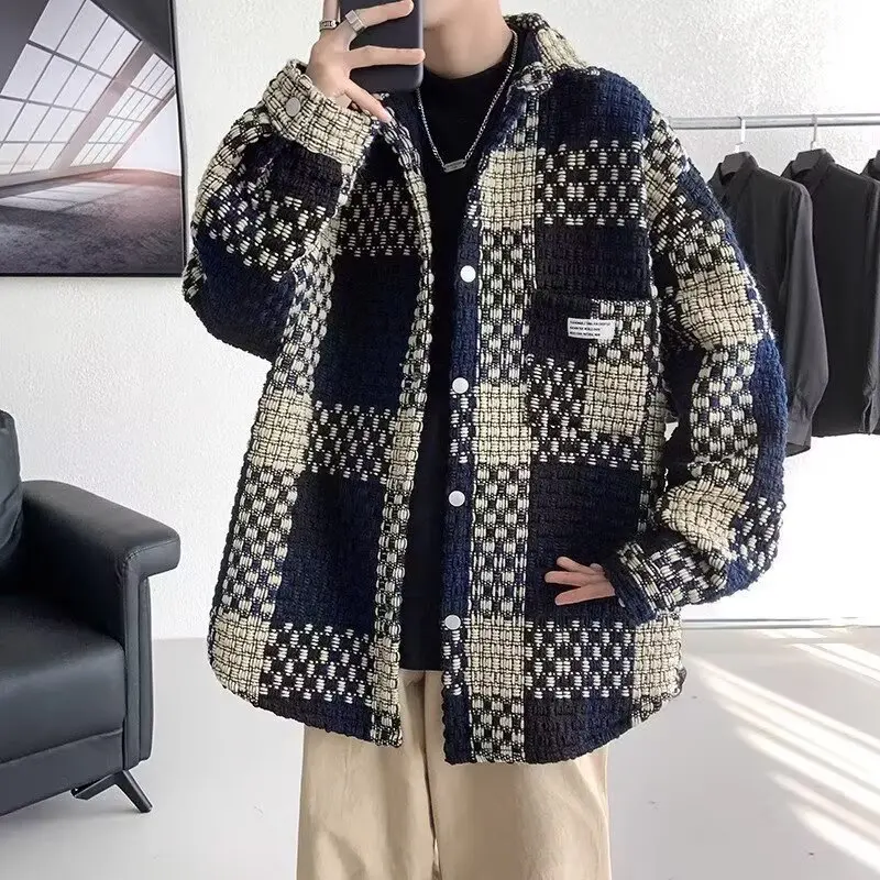 KIDWHXR 2026 Autumn Men Coat Korean Plaid Turn Down Collar Male Shirt Jacket Retro Loose Long Sleeve Casual Man Outerwear