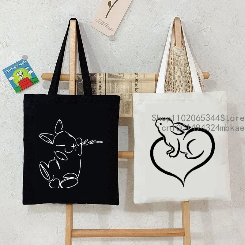 Cute Rabbit Pattern Canvas Tote Bag Women Men Cartoon Bunny Portable Shopping Bag Fashion Large Capacity Teen Daily Handbags