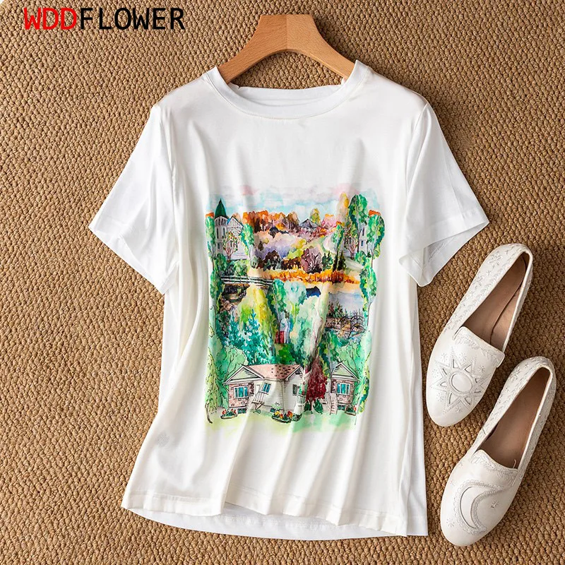 Women Silk T-shirt 93% Mulberry Silk 7% Spandex Front Side Tee Top Blouse Crew Neck short sleeves White Hometown Printed MM502