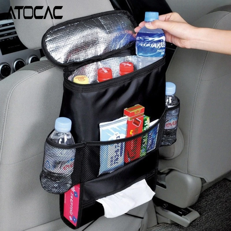 حقيبة تعليق خلفية لمقعد السيارة، منظم حراري معزول مع جيوب شبكية، موزع مناديل ورقية، تخزين عالمي للسفر في السيارة #1