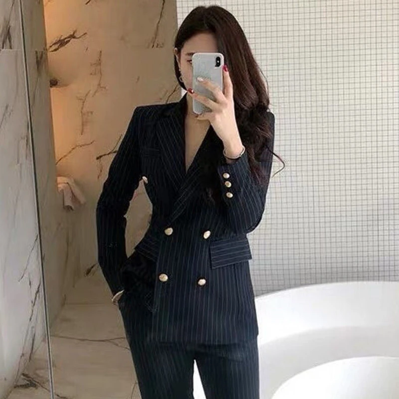 Women\'s Graceful Casual Blazer Long Pants 2 Piece Set Korean Elegant Stripe Button Coat High Waist Trousers Outfit Work Jacket