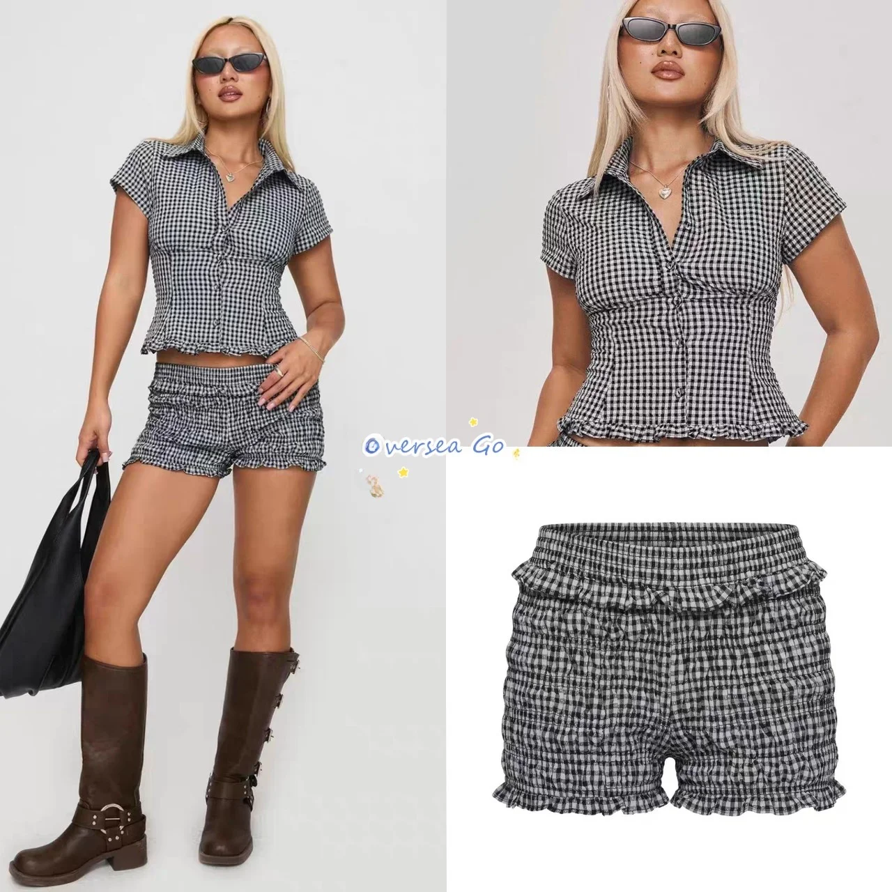 

Princess Polly American Style Hot Girl Slim Fit Short Sleeve Plaid Shirt Women's Top Shorts Set Youth Commute Fashion Cotton