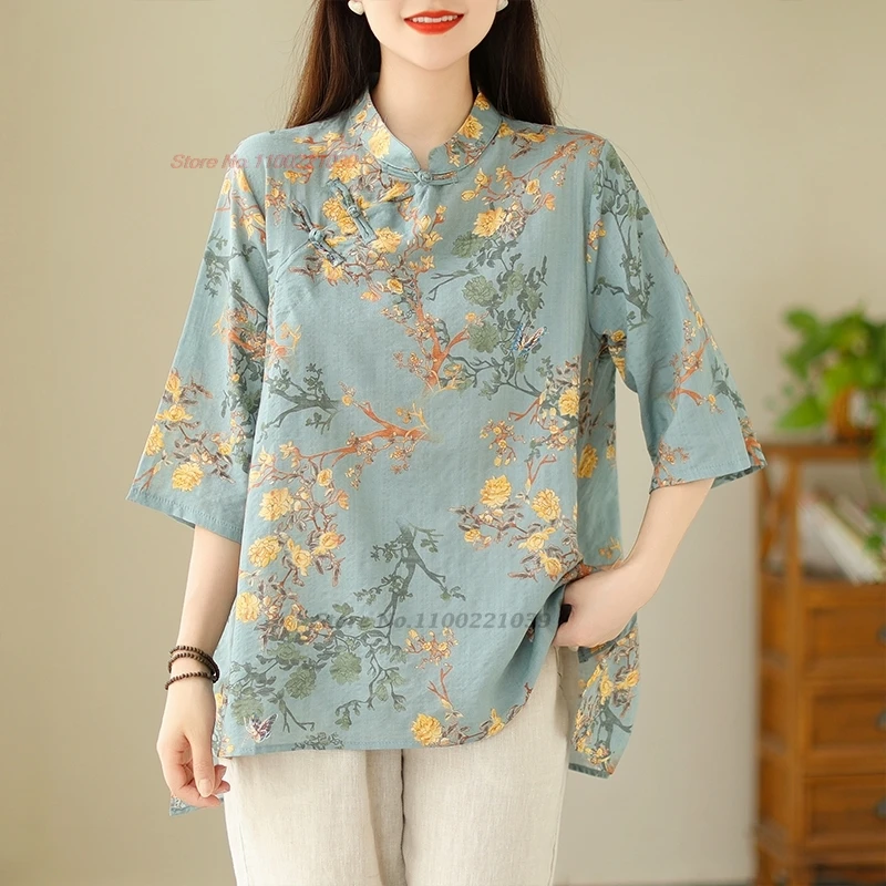 2024 tradicional chino vintage hanfu tops flor nacional estampado folk blusa suelta oriental mejorado cuello alto qipao blusa