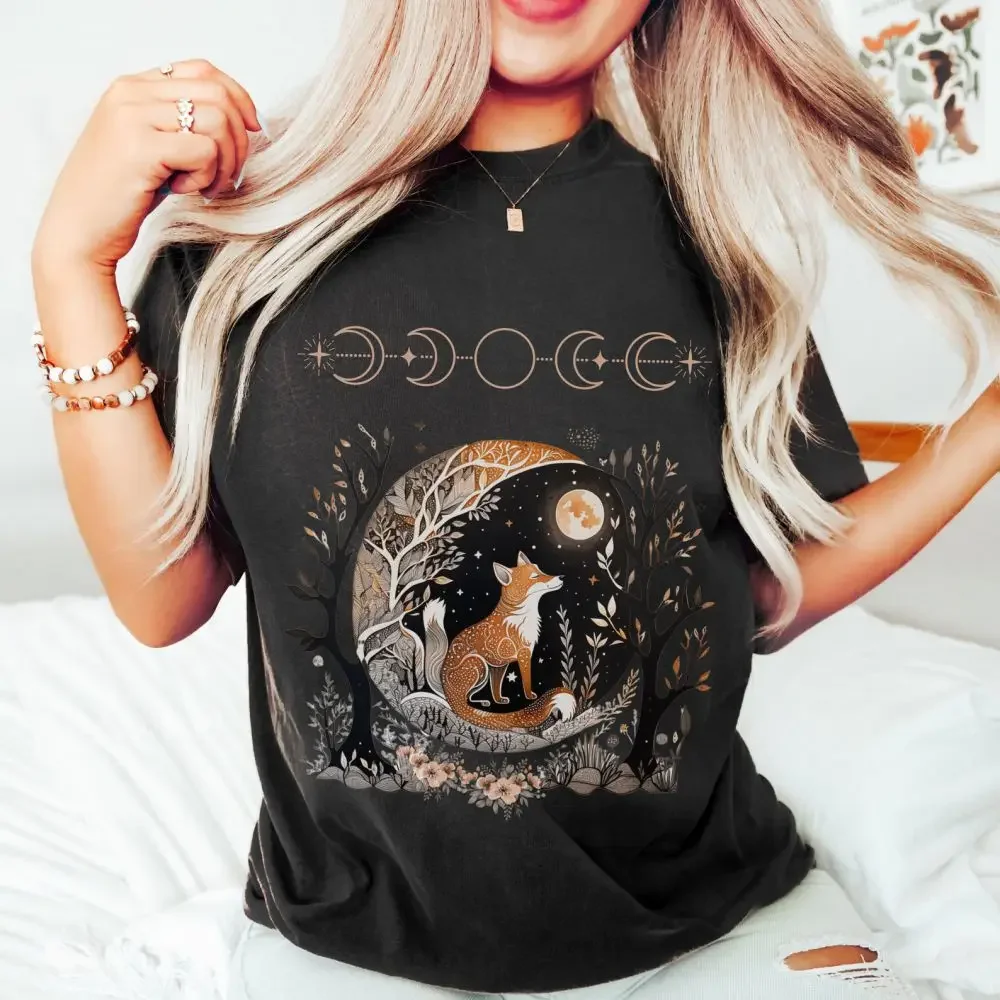 Women Crewneck Short Sleeve Shirt Whimsigoth Goblincore Shirt Fox Witchy T-shirt Celestial Fairycore Dark Cottagecore Aesthetic