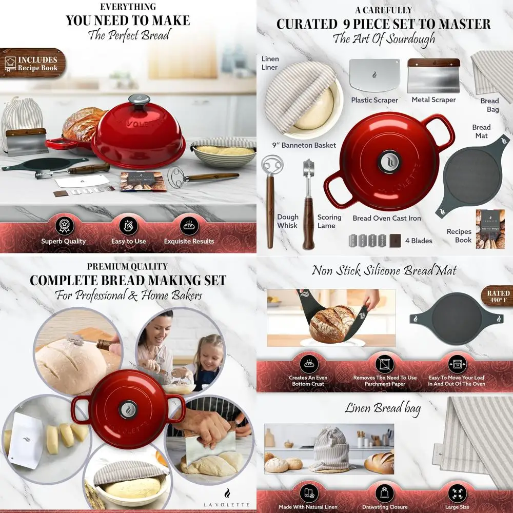

9-Piece Red Enamel Cast Iron Bread Baking Set with Lid, 10 Inch Dutch Oven, Silicone Mat, and Banneton