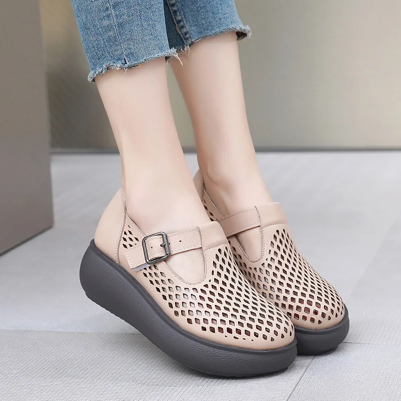 GKTINOO Genuine Leather Closed Toe Sandals For Women Hollow Out Summer Platform Sandals Wedges Leisure Ladies Shoes Handmade