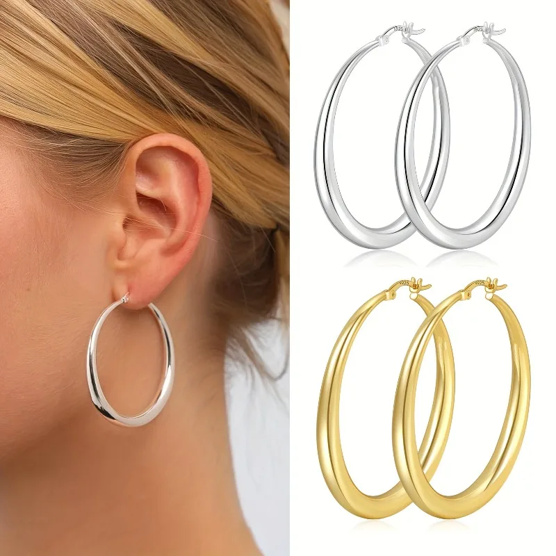 S925 Silver Needle Round Thick Earrings, Female Low Allergy Large Ring Earrings, Thick Earrings