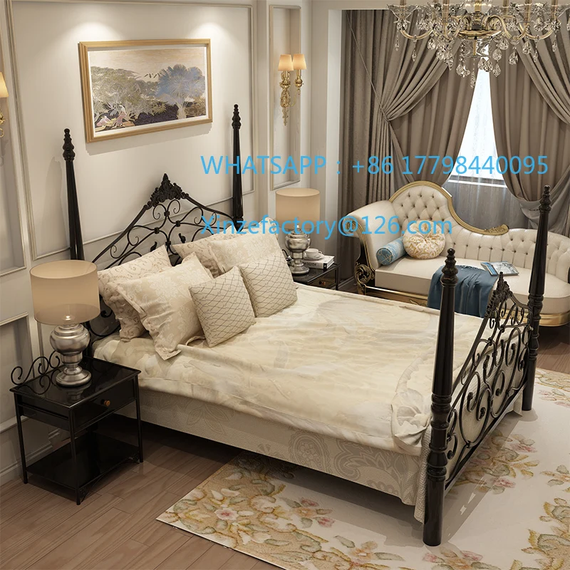 Cama doble de hierro forjado retro europea personalizable, cama de princesa, moderno, sencillo, pequeño apartamento, habitación de alquiler, cama con marco de hierro Apartm